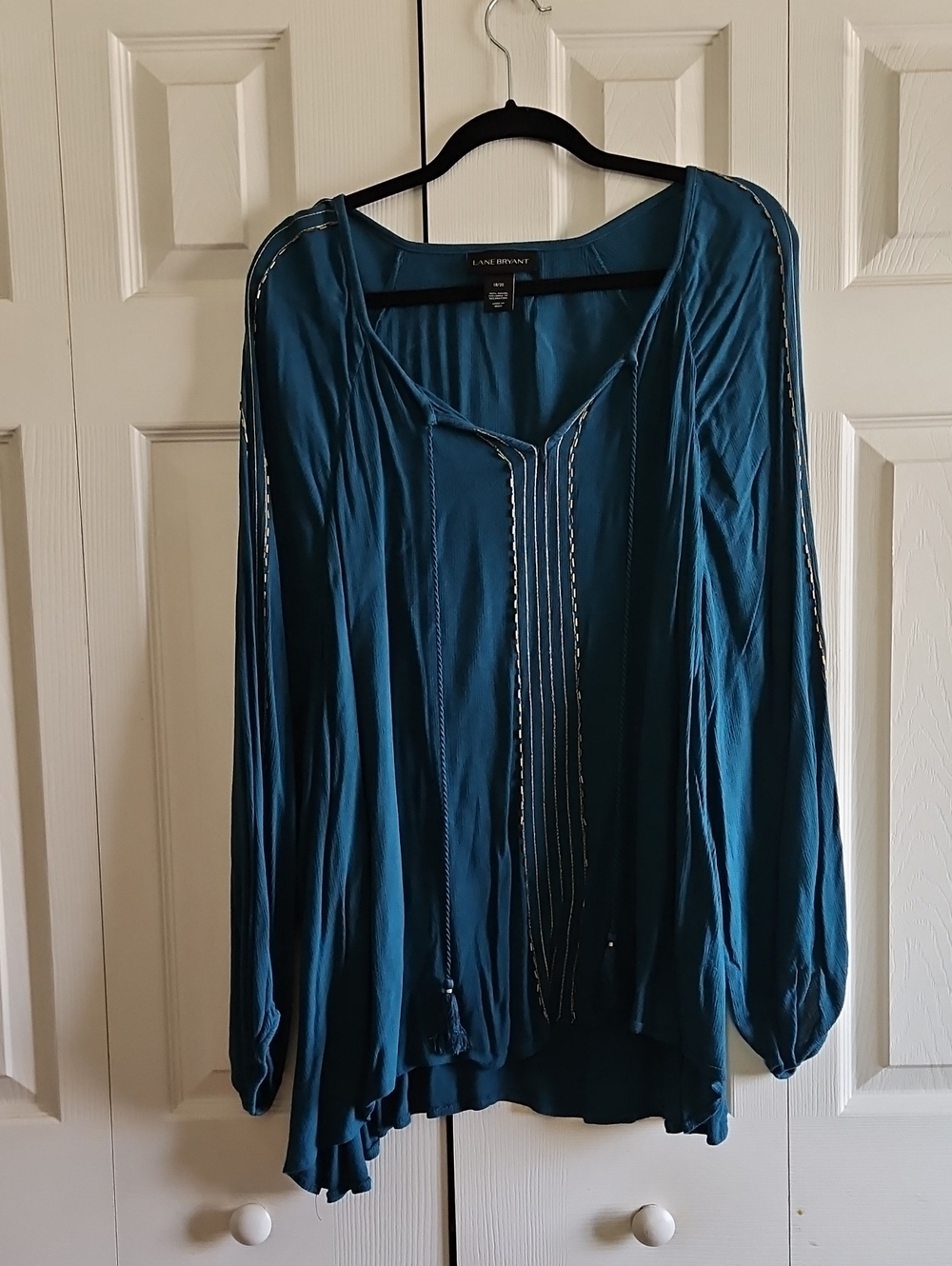 SALE! Lane Bryant Teal And Gold Sequin Long-Sleeve Tie-Front Peasant Top